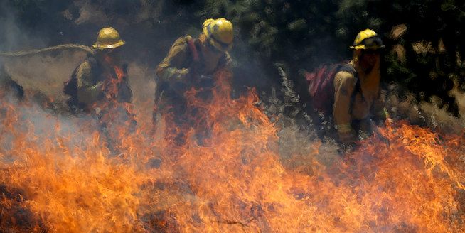 美國加州舉行野外消防演習 消防員草地中上演“烈火英雄”